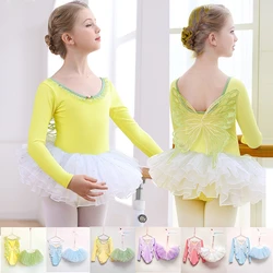 New Girls Ballet Dancewear Tutu Leotard Bodysuit Kid Fairy Butterfly Wing Gymnastics Ballerina Costume Long Sleeve Skating Dress