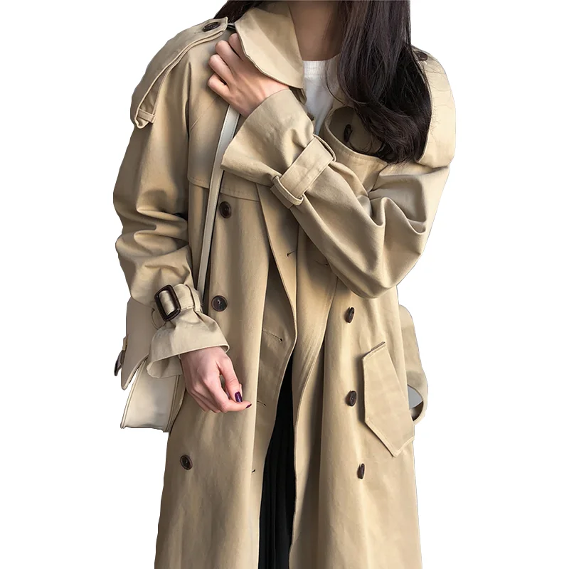 

Women Autumn Long Trench Coat Khaki Double-breasted Long Sleeve Windbreaker Female With Belt Hiver Overcoat Outerwear R1157