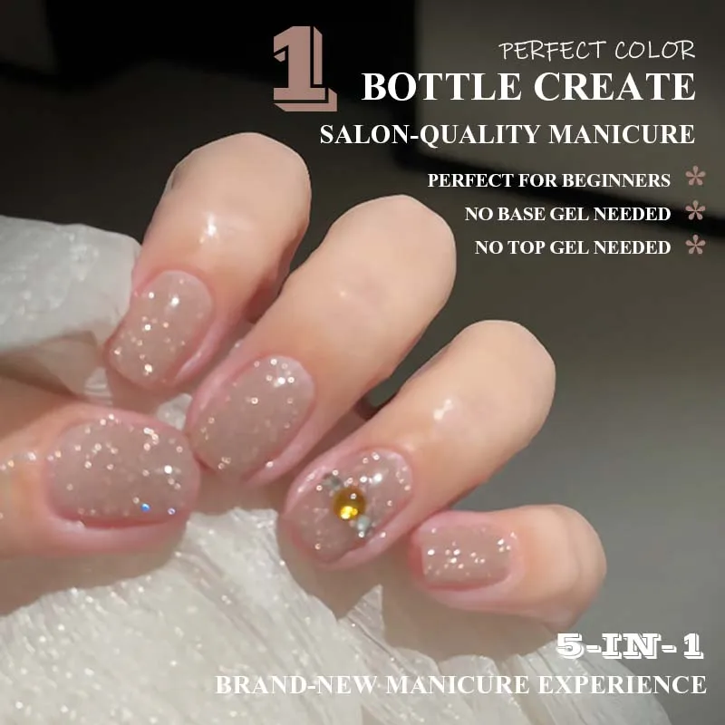 PERFECT COLOR All-in-One Gel Nude Pink Glitter Gel Nagellack 8ml, Basis- & Überlack in Einem, UV LED Soak-Off, Party-Nägel