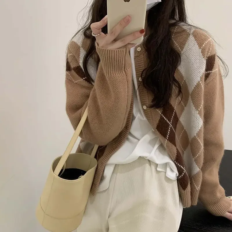 TPJB New Women Plaid Knitted Cardigan Korean Fashion Preppy Style Vintage Casual Checked Sweaters Female Harajuku Gray Knitwears