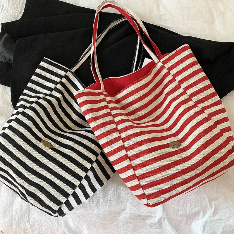 Borsa a tracolla in tela a righe rosse nere borsa a mano in stile alla moda borsa da spiaggia da viaggio a doppia faccia Shopper Tote Bags Girl