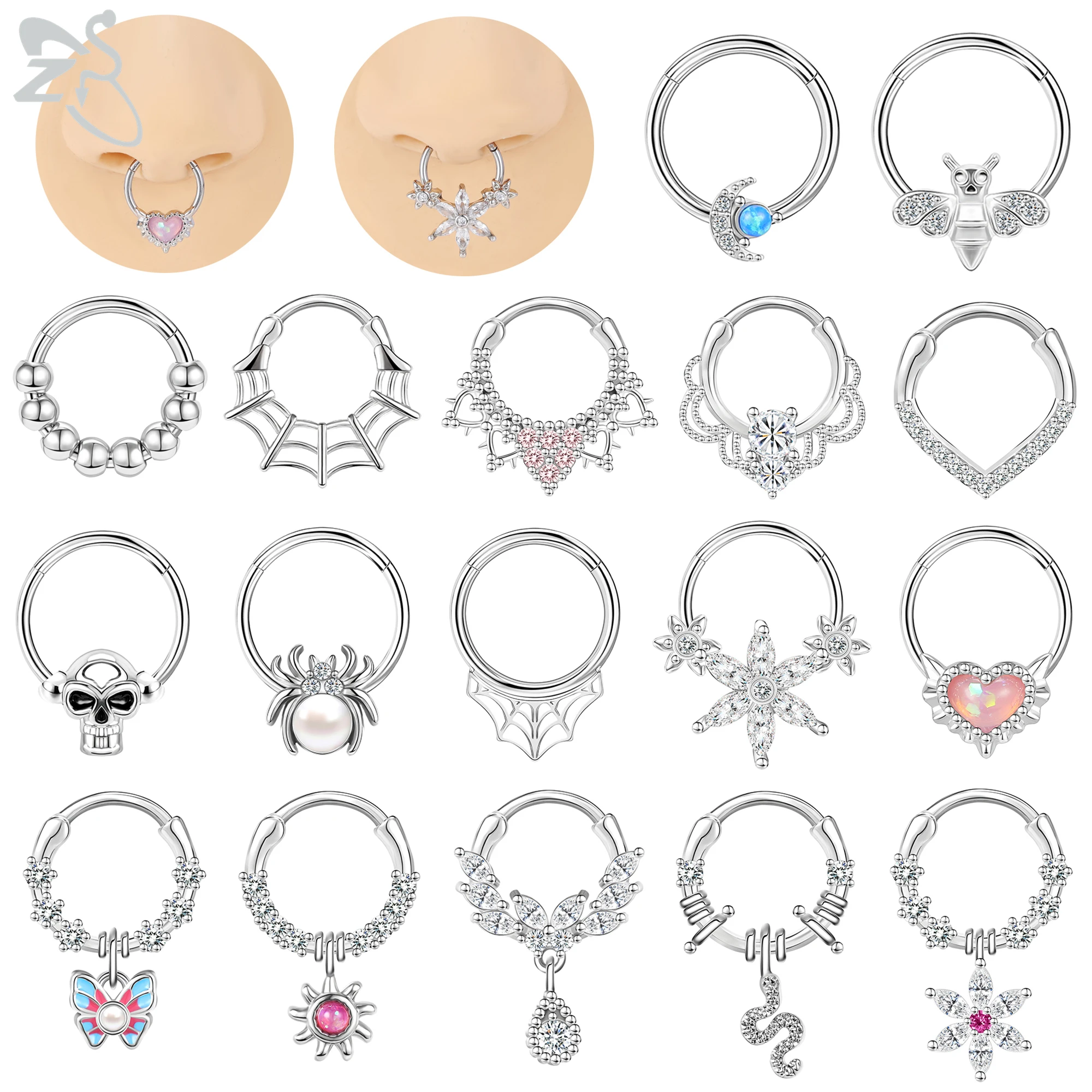 ZS 1 Piece Cute 16G Stainless Steel Septum Ring Spider Web Heart Nostril Piercing CZ Crystal Ear Helix Cartilage Earring Biżuteria
