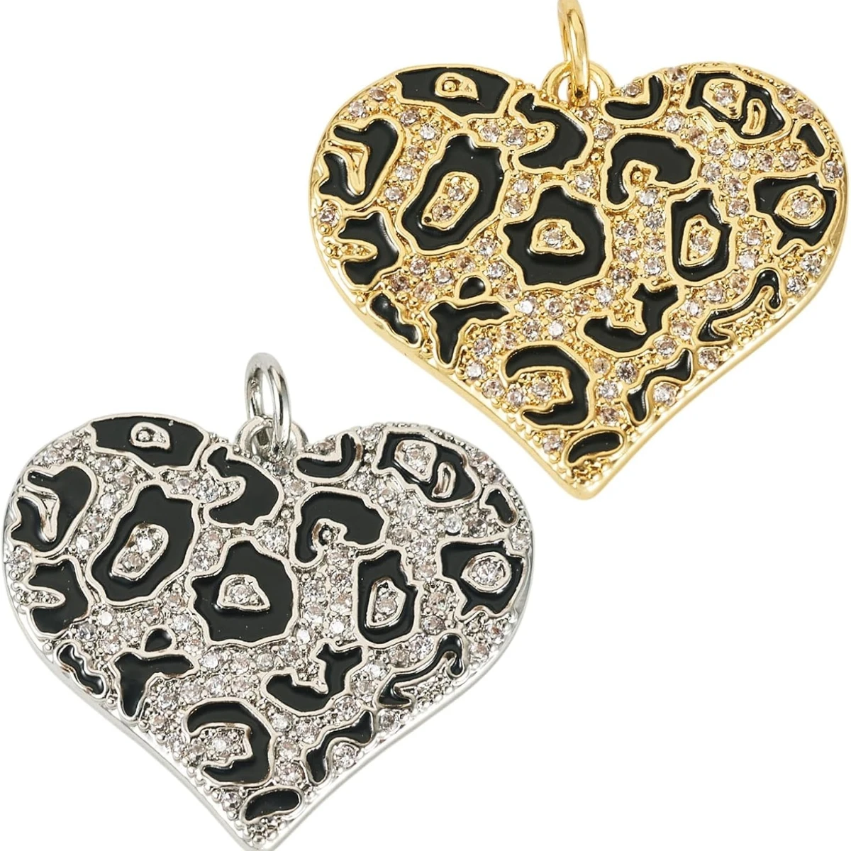 Pingente de coração com estampa de leopardo em tendência, com esmalte e efeito de gotejamento, para acessórios de joias e colares feitos à mão.