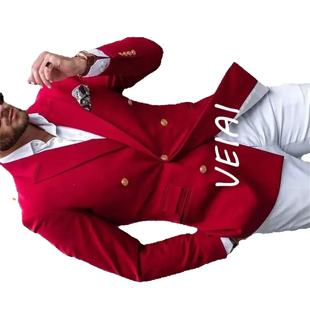 

Мужской костюм-двойка на заказ: красный двубортный пиджак и белые брюки, приталенный крой, для выпускного, свадьбы, торжественных мероприятий, модный блейзер из 2 предметов