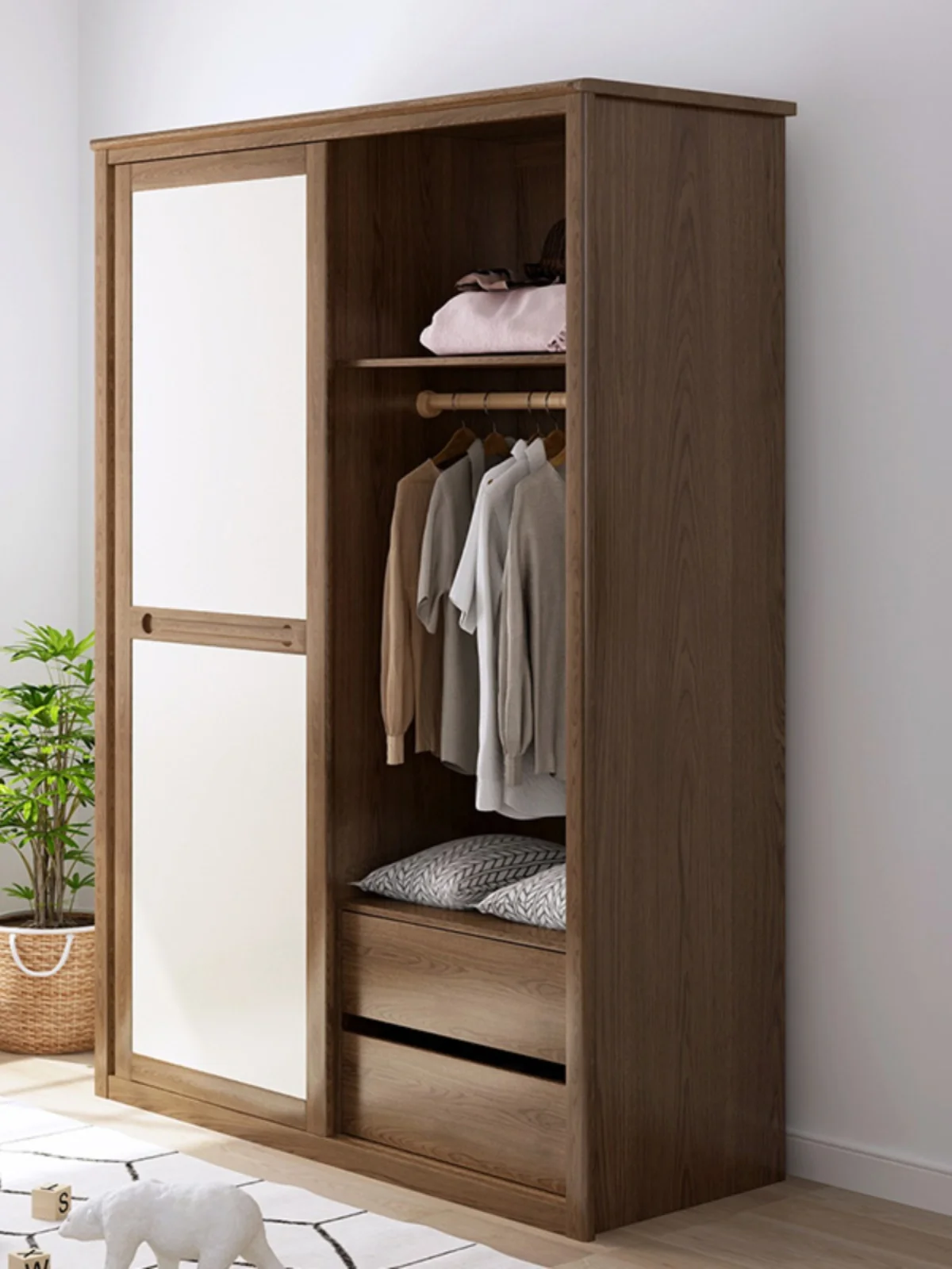 Nordic solid wood sliding door wardrobe Double door wardrobe, drawer storage cabinet, small apartment wardrobe, walnut color