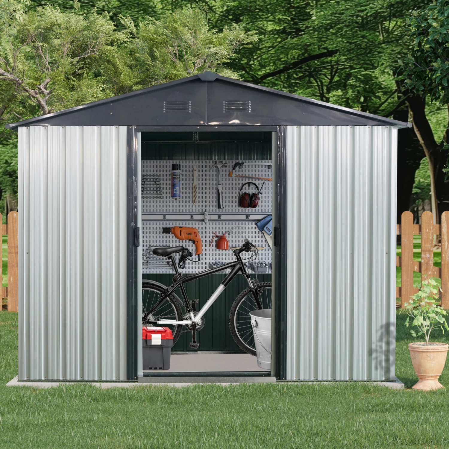 Metal Storage Shed with Window and Metal Foundation for Outdoor - White/Black