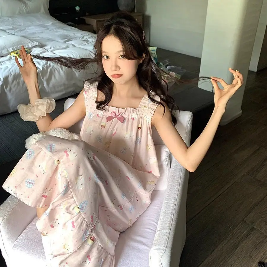 

Sanrio Hello Kitty Cute Pajamas Dress Summer Sleep Skirt Long Dresses Sleepwear Cartoon Halter Sleeping Nightdress Home Wear New