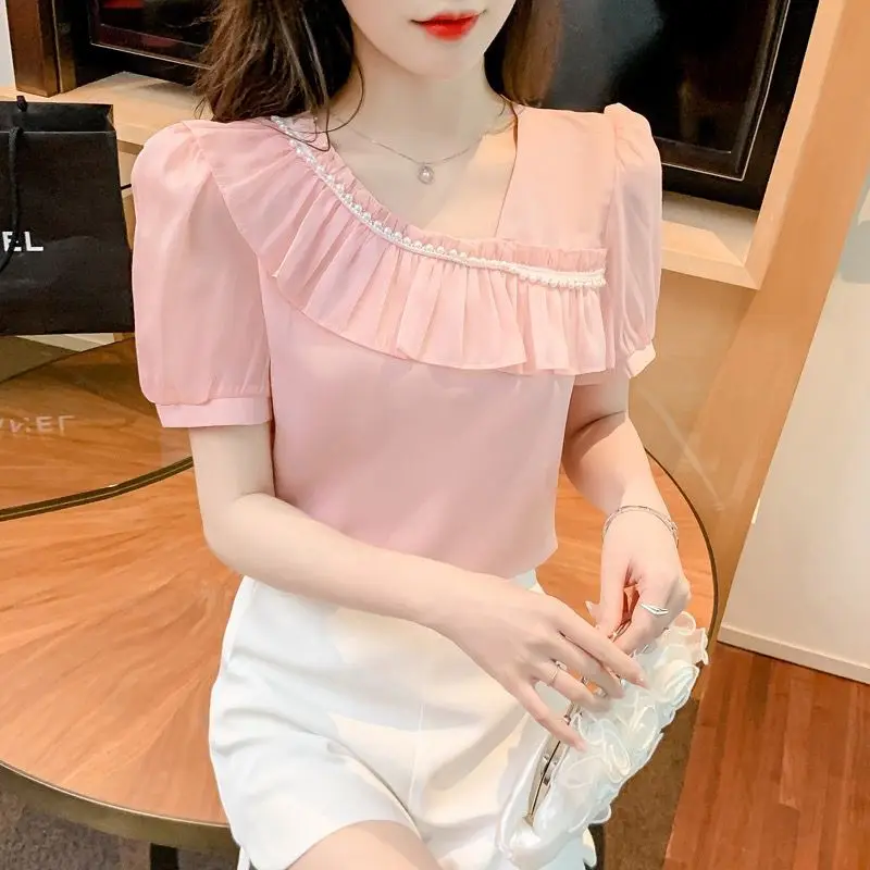 Summer Fashionable Sweet Solid Female Skew Collar Shirt Korean Casual Ruffles Patchwork Puff Sleeve Blouse Women\'s Clothing