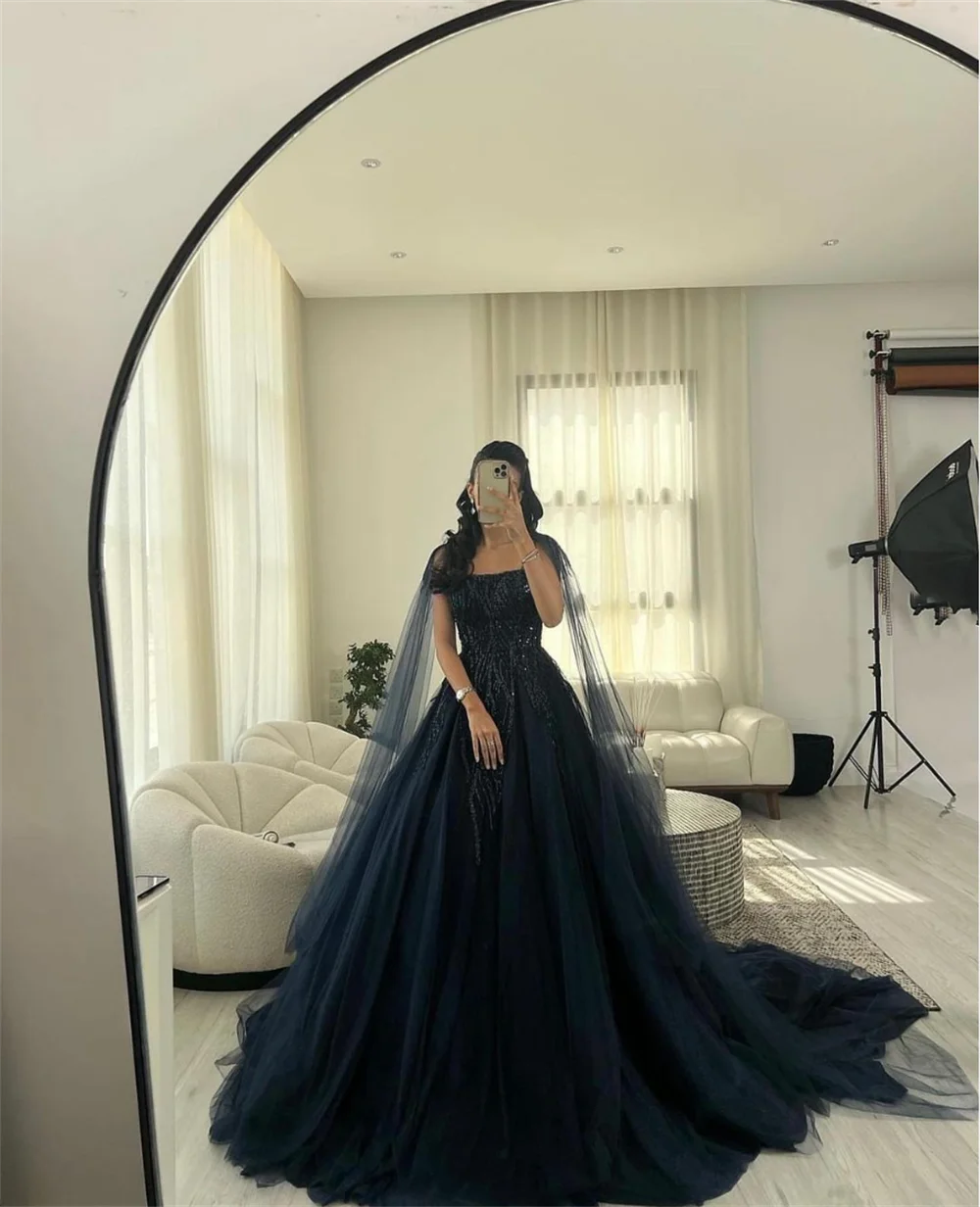 Jessica Luxury Dubai Arab Evening Dresses Navy Tulle Glitter Evening Dressesفساتين السهرة Formal Occasions Party DressCustomized