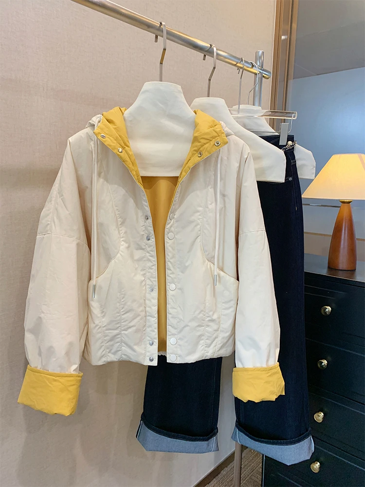 

Korean Design Simple Color Blo Hooded Lightweight Cotton Jaet Women's Autumn Winter Faion Lazy Casual Cotton Top