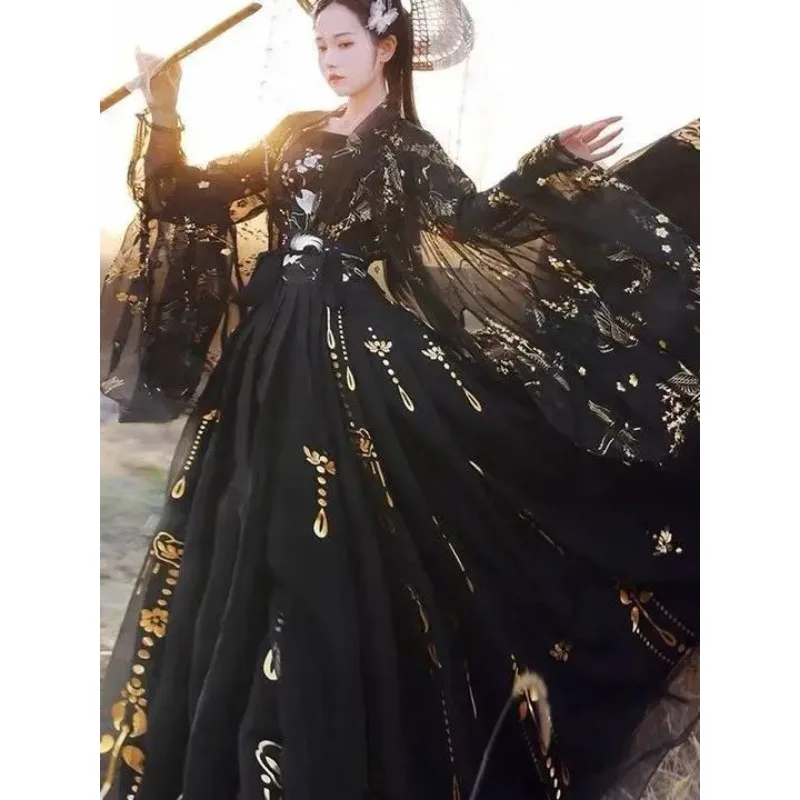 Chinesische traditionelle Hanfu Frauen Volkstanz Kostüme Fee Prinzessin Kleider Retro Mädchen Cosplay Kleidung schwarz weiß Kran