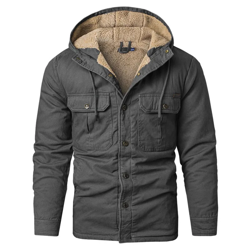 Winter men's fashion plus plush thick slim fit cotton jacket with cold and windproof pocket design hooded workwear cotton jacket