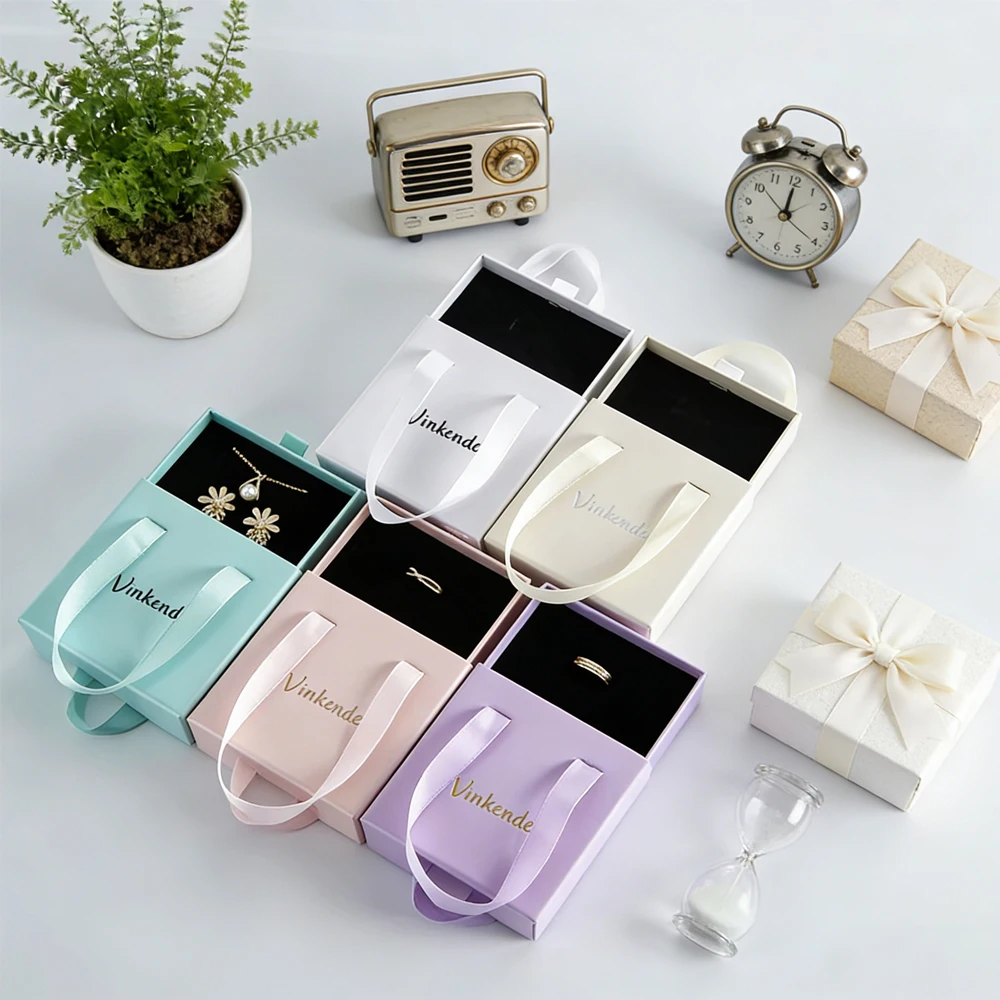 

100Pcs/Lot Custom Logo Portable Drawer Sliding Cardboard Jewlery Gift Box Travel Necklace Ring Bracelet Earring Packaging Boxes