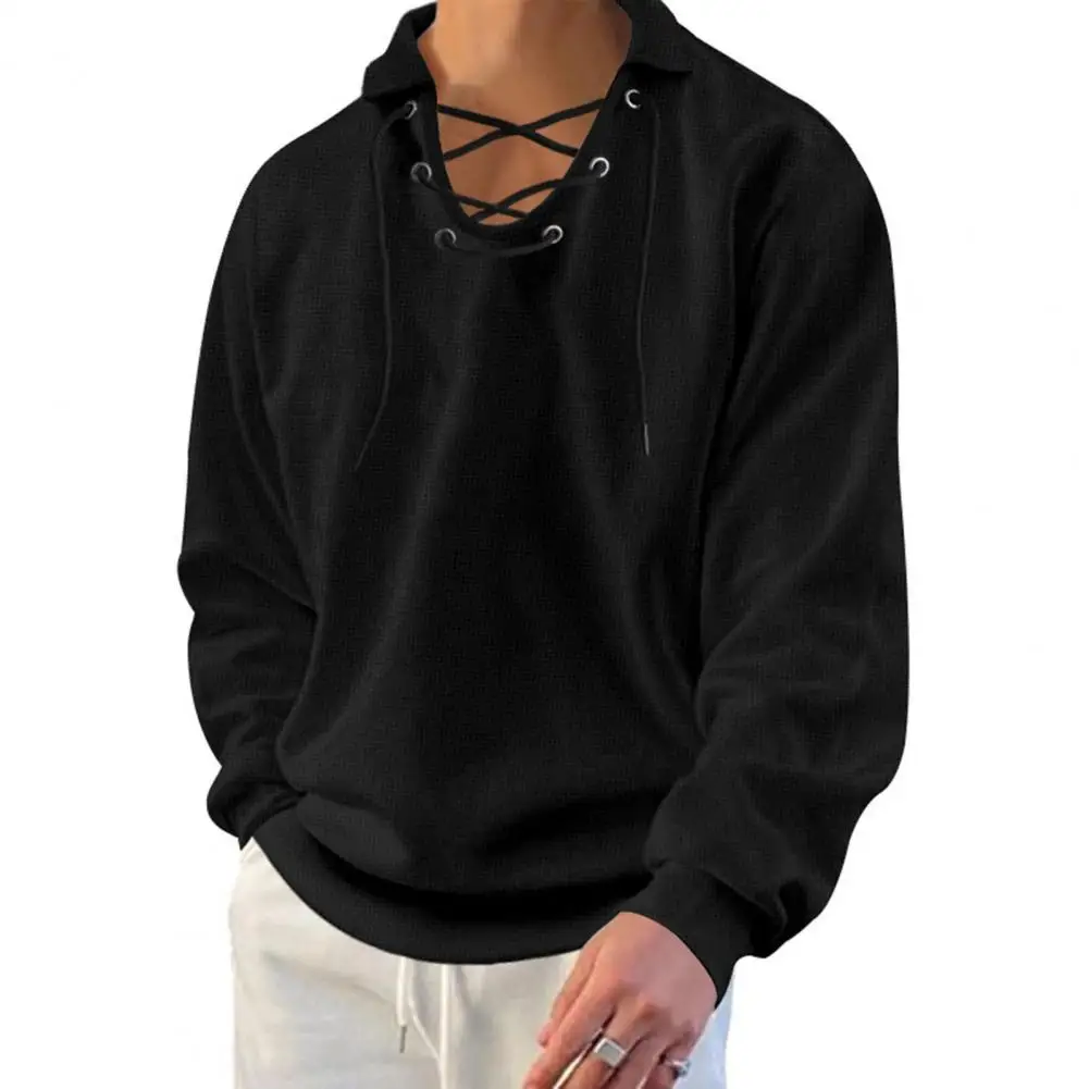 Lace-up Top Men's V Neck Lace-up Pullover Shirt with Waffle Texture Elastic Cuff Soft Breathable Long Sleeve Top for Fall Spring