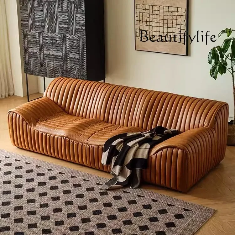 

old designer villa home Medieval French wave sofa retro style oil wax skin living room chair