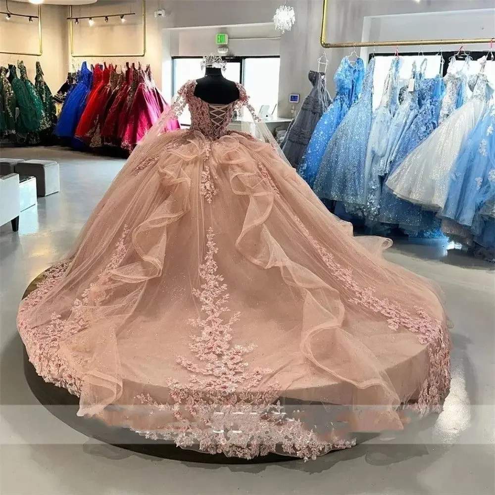 Pink Princess Sweetheart Ball Gown 15 Years Old Quinceanera Dress Long Sleeve Beaded Appliques Party Gowns Vestidos De 15 Anos