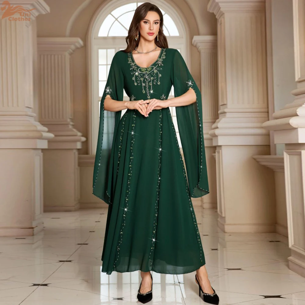 

Рамадан, марокканское роскошное платье макси со стразами и бисером, мусульманское модное платье с v-образным вырезом, Абая, Дубай, женская одежда