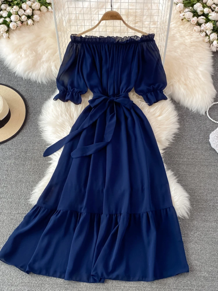 Beach Dress Women Sexy Off The Shoulder Slash Beach Chiffon Dresses Ladies Elegant A Line Bandage Party Dress Long Robe