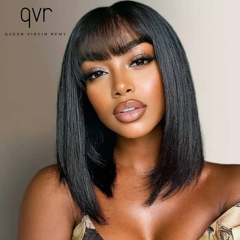 

Brazilian Bone Straight Bob Wig with Bangs - 100% Human Hair Silky Yaki - Machine Made for Daily Use Best Affordable Quality