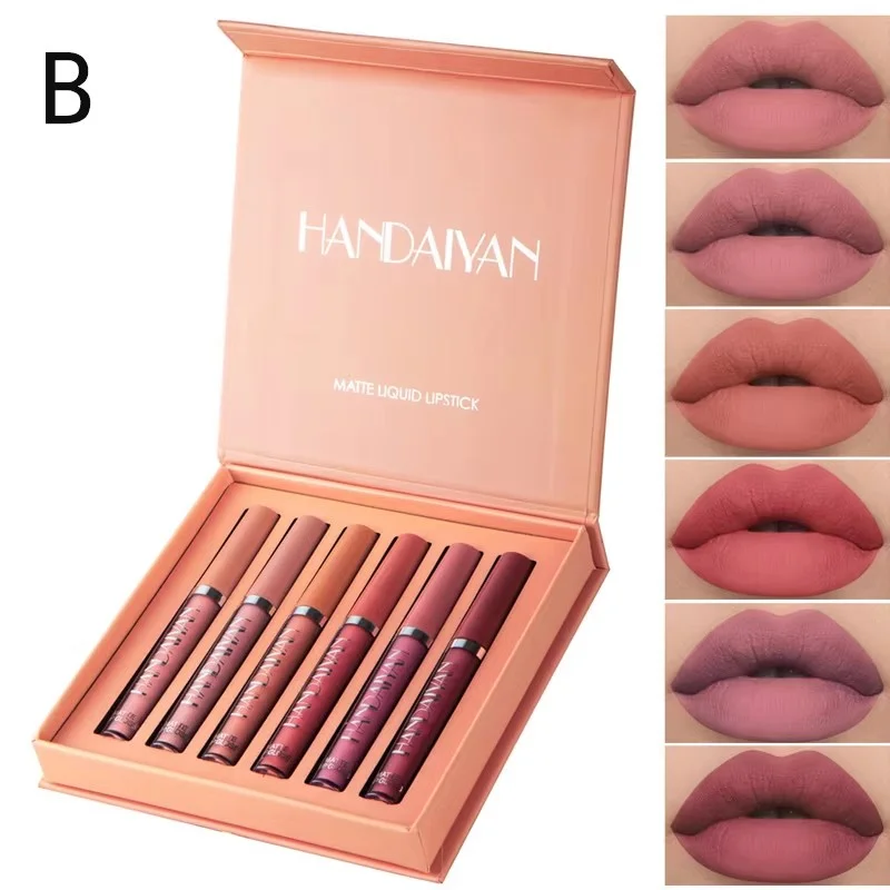 Juego de lápiz labial líquido HANDAIYAN de 6 piezas: acabado mate, brillo de labios antiadherente de larga duración, caja de regalo de maquillaje de labios impermeable para mujeres