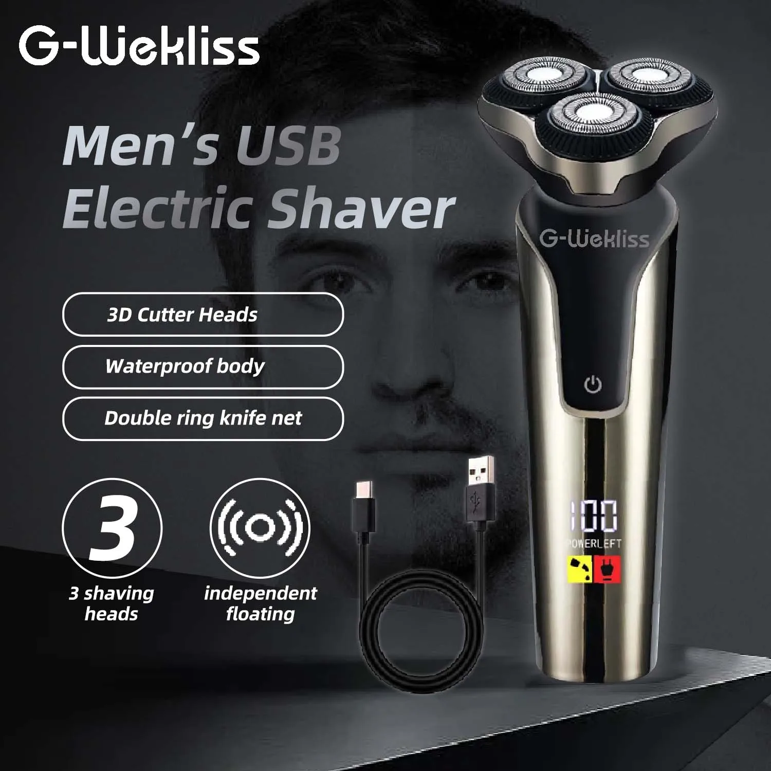 G-Wekliss 3D Rotary Razor USB Charger Cordless LCD Display Electric Shavers for Men Wet & Dry Use