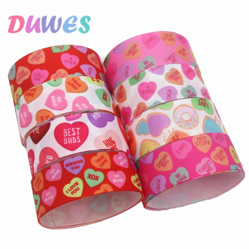 DUWES-Cinta de grogrén con estampado de corazón de San Valentín, accesorio para la cabeza, lazo para el pelo, decoración DIY, venta al por mayor, OEM D1275, 50 yardas