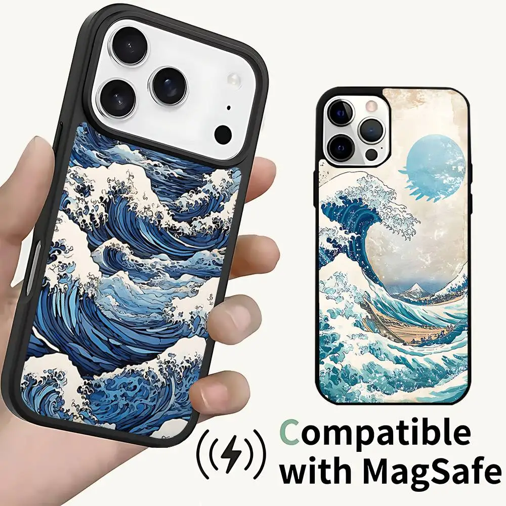 

Ukiyo-e Ocean Waves Creative Magnetic Wireless Charging Case For iPhone 11,12,13,14,15,16,17,Pro,Max,Plus Shockproof Cover