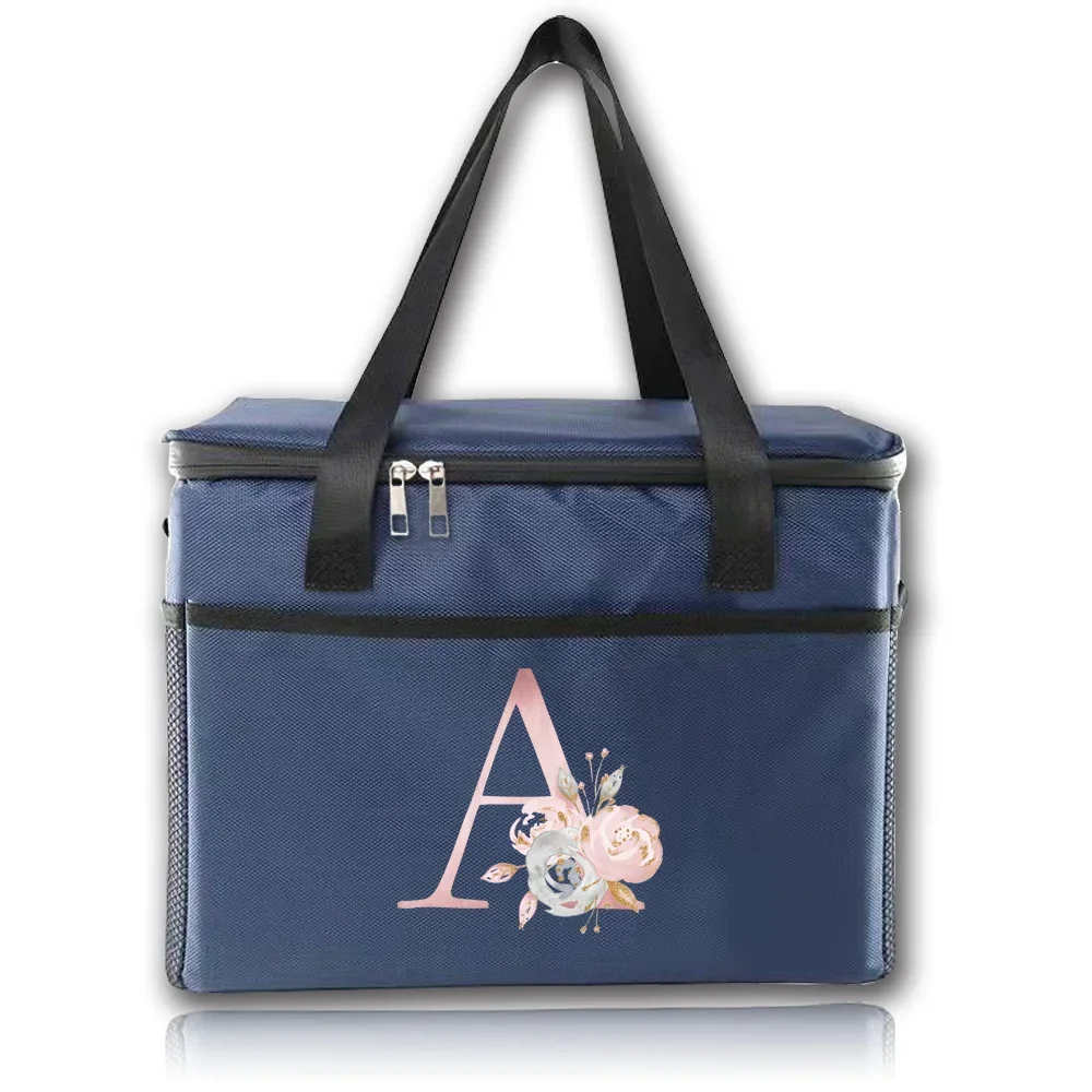 Food Tote Thermal Insulated Bag Storage Handbag Simplicity Lunch Bags for Unisex Picnic Organizer Boxes Pink Flower Printing