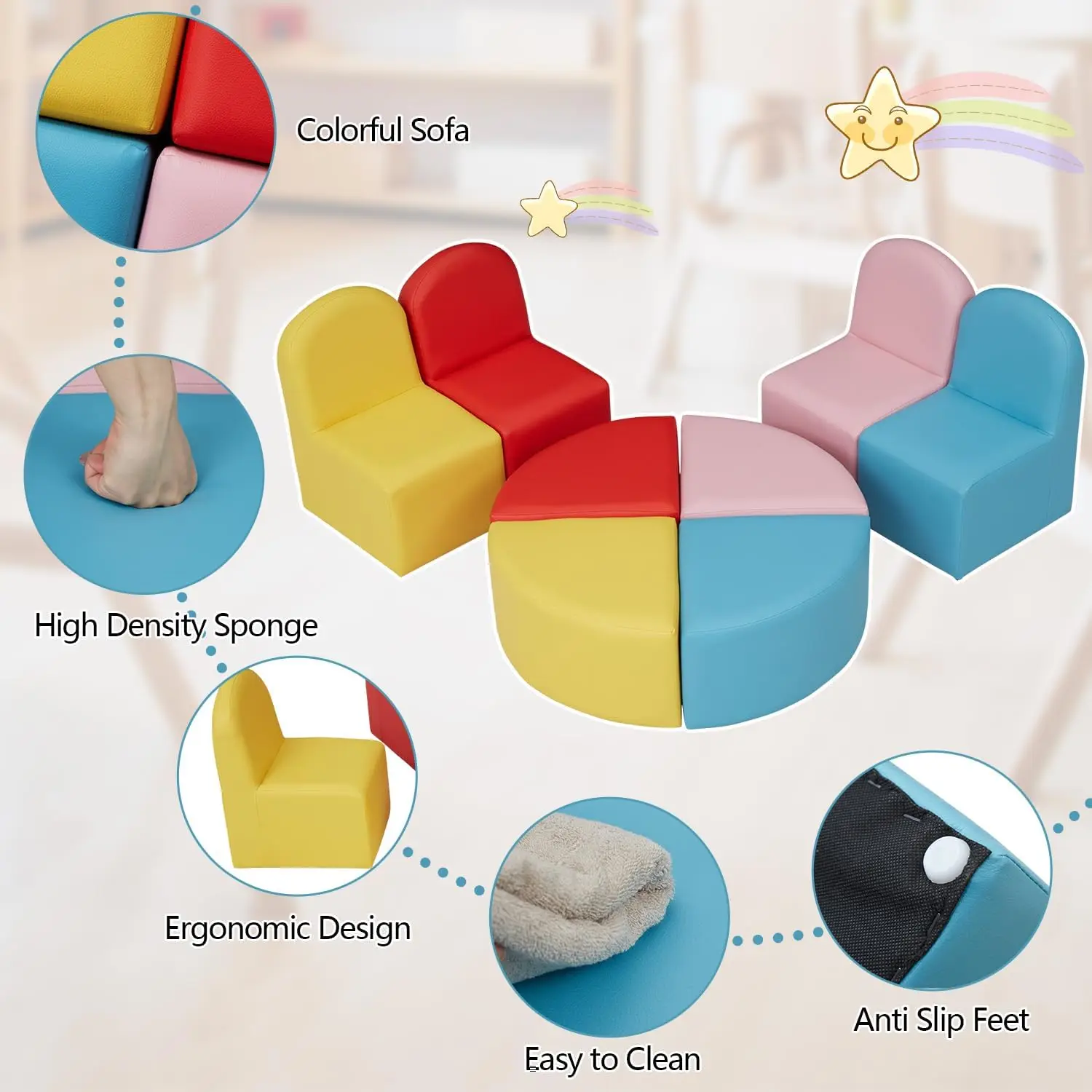 Modular Flexible Seating Set Children's Area Sofa Soft Stool Cartoon Leather Chair for Toddlers Soft Foam Play 8 PCs Kids sectio