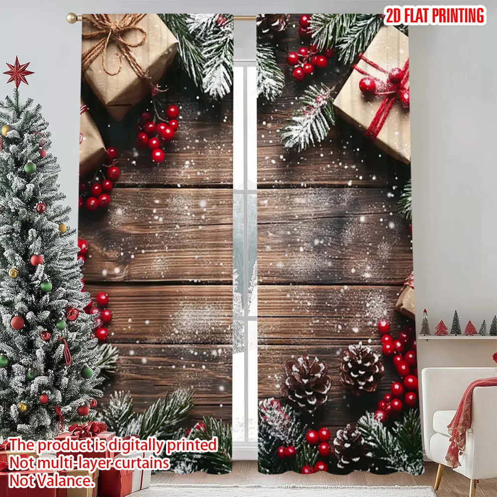 

2pcs 2D flat printing Merry Christmas Popular Window Curtains With snowflakes_ pine branches and cranberries Polyester Without
