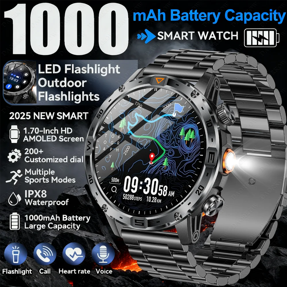 

DAORKOW outdoor off-road smartwatch, 1000mAh, LED lighting, 1.7-inch high-definition large screen, compass, suitable as a gift