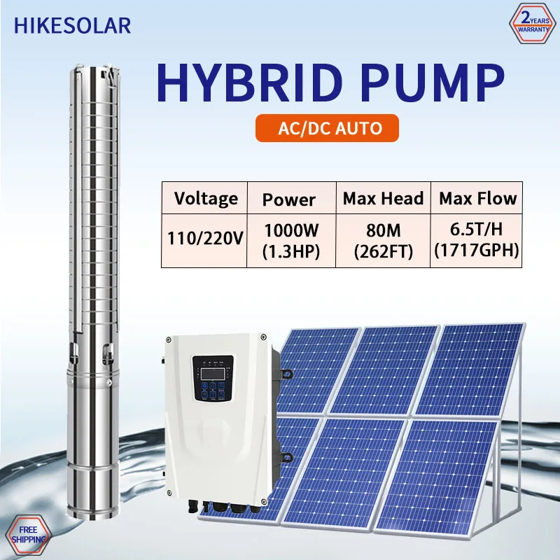 

Hybrid 3" AC DC Solar Submersible Well Water Pump Powered 1.3HP BLDC Motor Irrigation Well Football Field Golf Field Lawn Ma