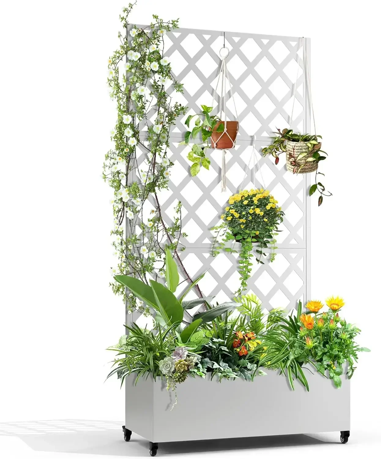 

home.Metal Planter Box with Diamond Lattice Trellis Planter Box for Climbing Plants/Vines, Galvanized Raised Garden Bed On Wheel