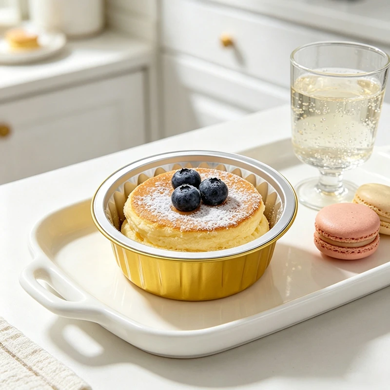 Disposable Gold Round Foil Containers Heavy Duty Aluminum Foil Bowls Heat Resistant Pudding Cake Baking Cups Takeaway Packaging