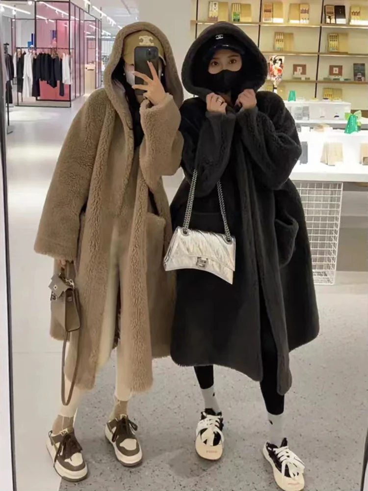 

Autumn Winter Thiened Warm Hooded Coat Fem Version Lazy Sle Mid-Length Plu Jaet Korean Sle Commute Pure Color