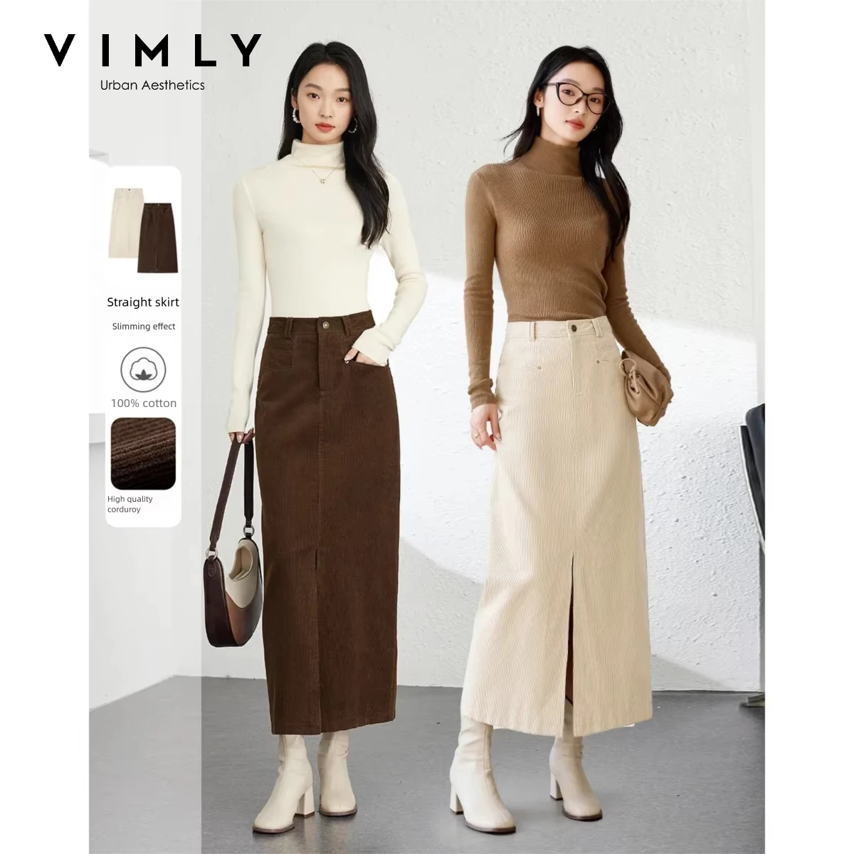 VIMLY Corduroy Vintage High Waist Split Midi Skirt for Women 2026 Autumn Winter Commuter Versatile Straight Long Skirt M9228