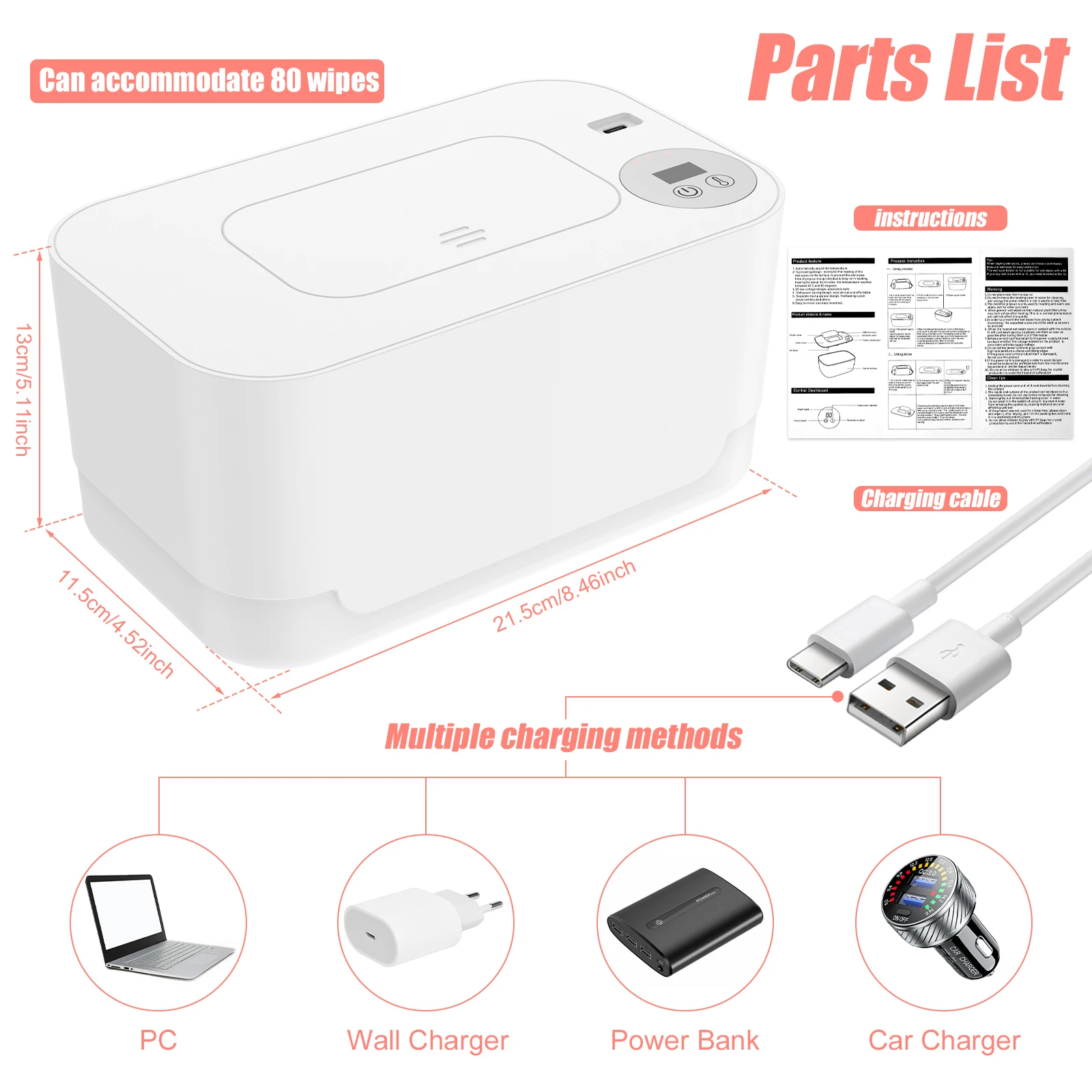 USB Baby Wipe Warmer LED Light Wet Wipes Keep warm Box Adjustable Temperature Heating Diaper Dispenser Portable Large Capacity