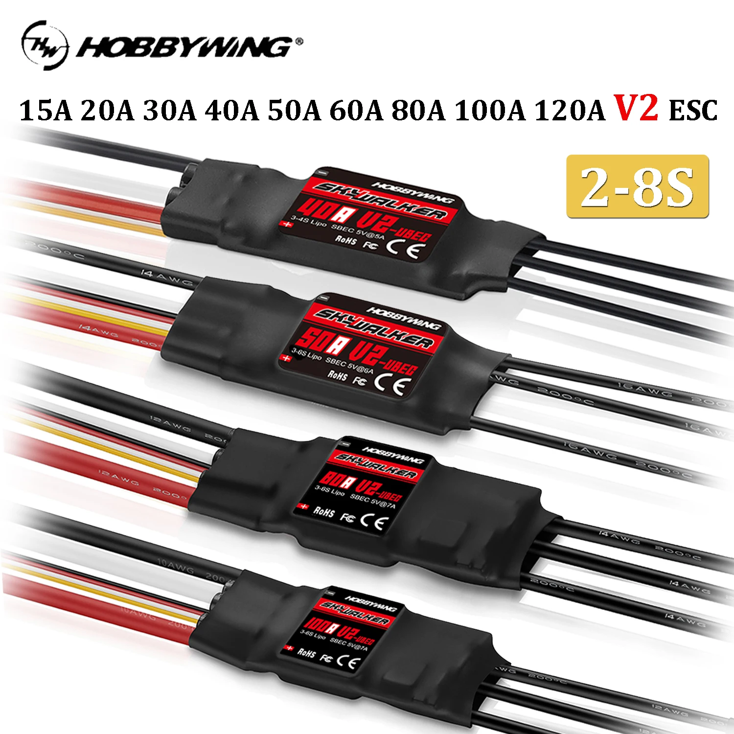 Hobbywing Skywalker V2 15A 20A 30A 40A 50A 60A 80A 100A 120A ESC Geschwindigkeitsregler 2-8S für RC FPV Hubschrauber Flugzeug Quadcopter – Detail 1