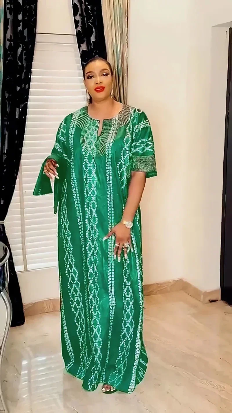 2025 فساتين أفريقية للنساء خريف أنيق بأكمام قصيرة ورقبة على شكل حرف v برتقالي أخضر فستان طويل موضة إسلامية عباية ملابس أفريقية #2