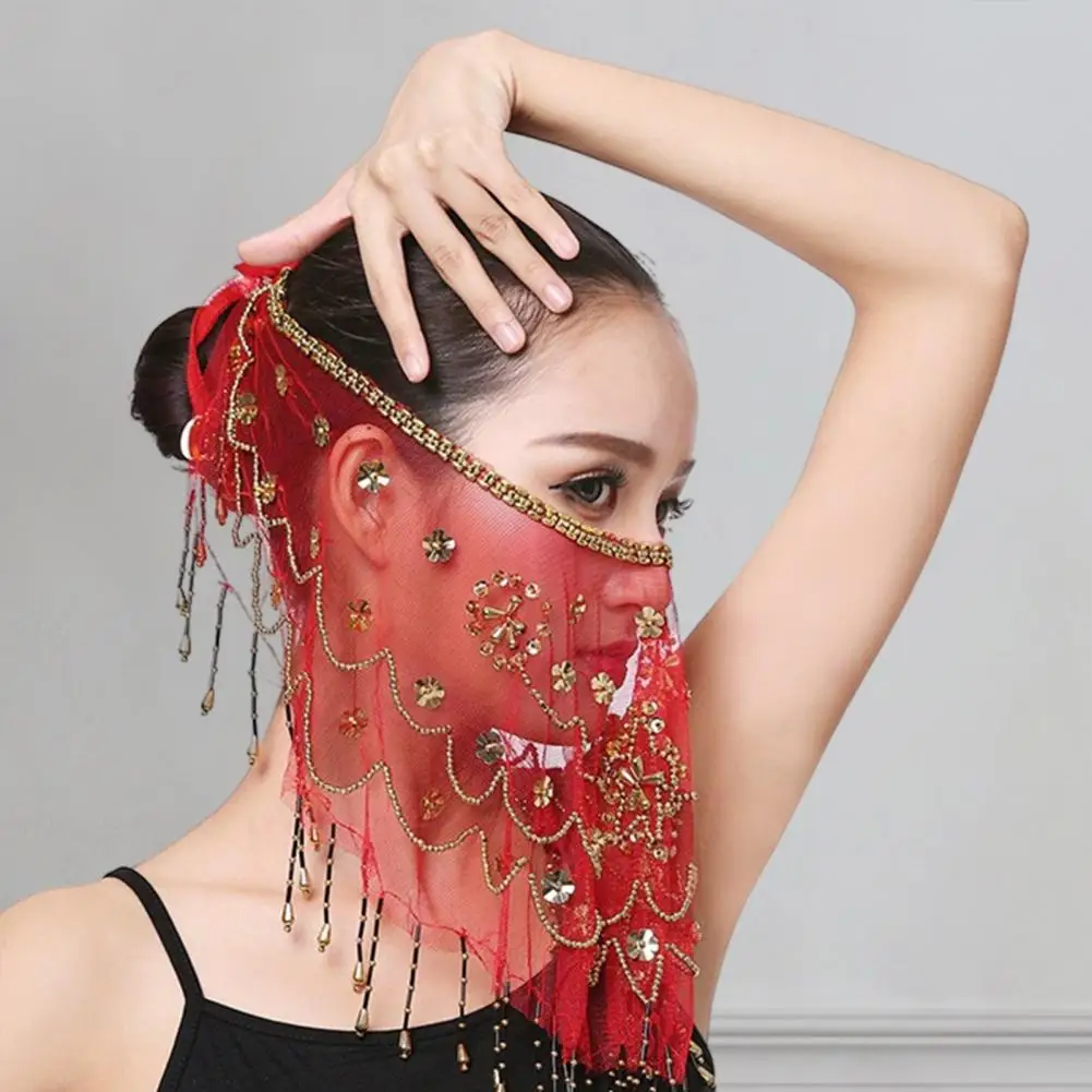 Velo da performance Fiore Paillettes Perline Decor Pizzo Danza del ventre Tribale Velo da viso Tessuto Velo da ballo Accessorio per costume di Halloween