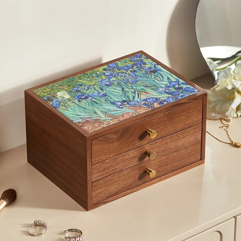 Wooden Jewelry Storage Box with Lock Large Capacity Earring Drawer Box Oil Painting Handheld Necklace Case Luxury Ring Container