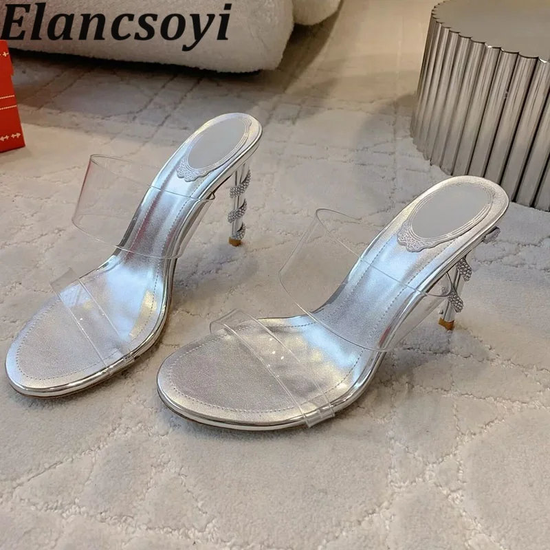 Slippers Transparent High Heels Women's Rhinestone Open Toe Thin Heels Sandalias Summer  Fashion Party Dress Shoes Sandals