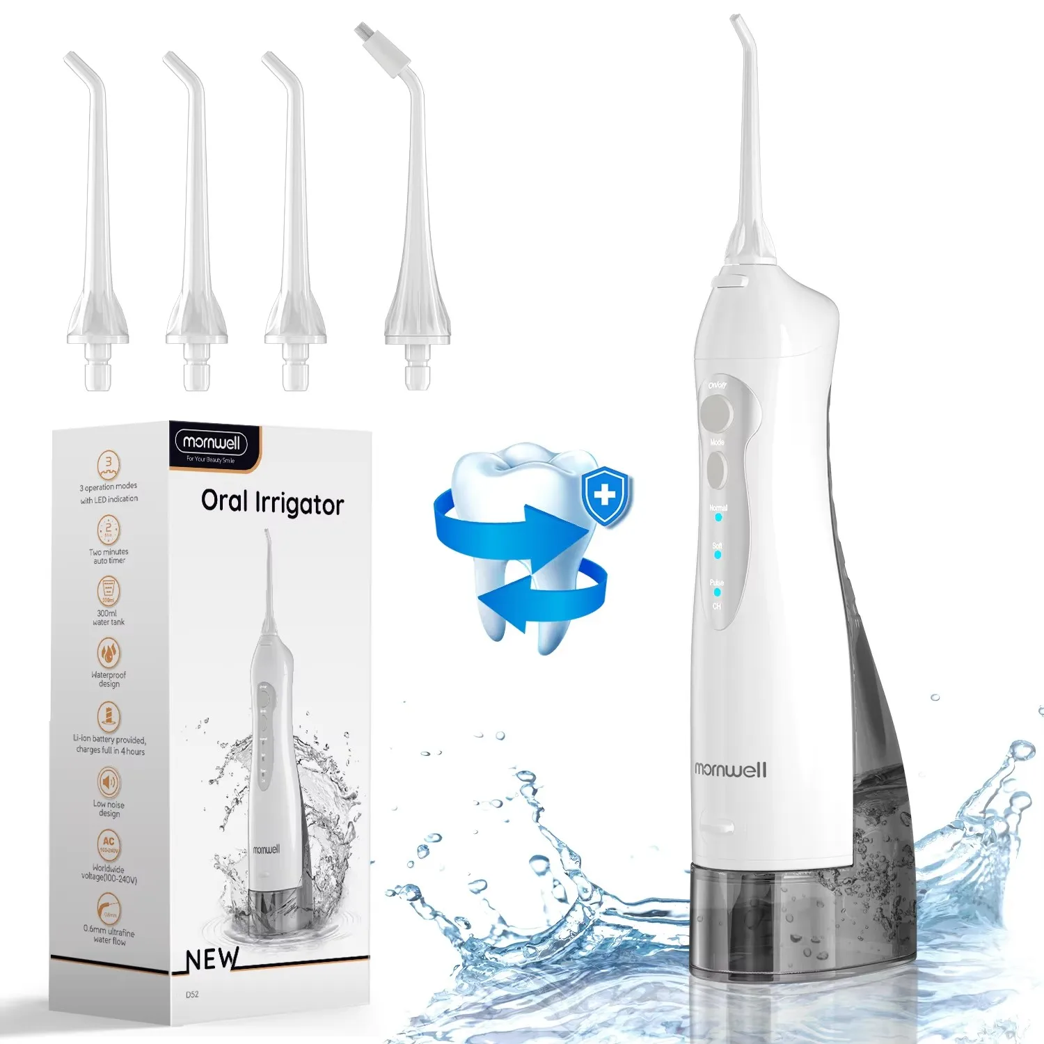 Oral Irrigator Mornwell D52 Water Flosser Portable cordless Dental flosser Water Jet 300ML Water Tank Waterproof Teeth Cleaner