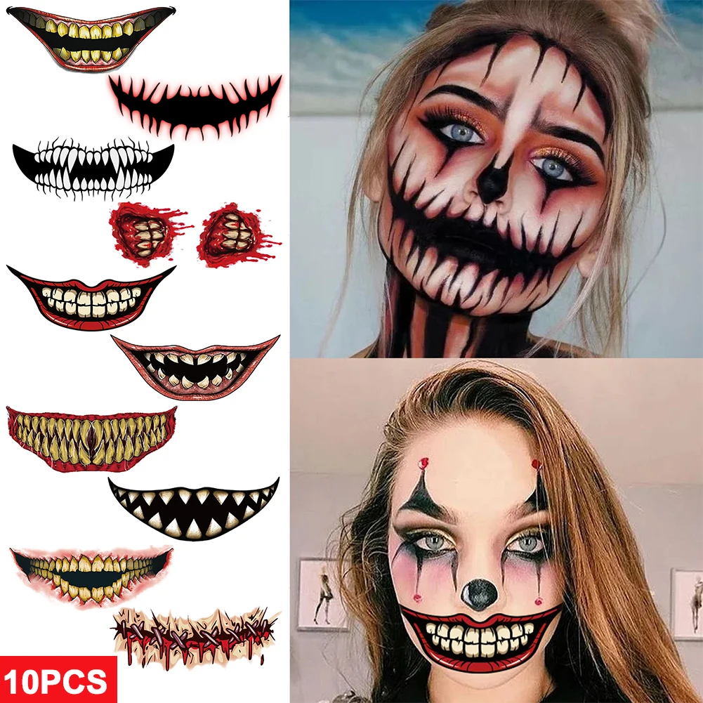 

10Pcs Fake Tattoo Sticker Waterproof Halloween Prank Makeup Temporary Tattoo Removable Big Mouth Scary Prank Props