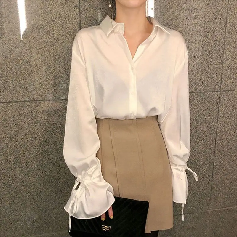 Chiffon Shirts Women S-3XL Elegant Flare Sleeve Female Simple Pure Spring Clothes Chic Stylish Single Breasted Design Daily New