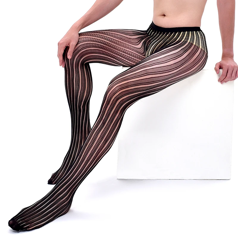 Bas une pièce en dentelle en maille pour hommes et femmes, leggings en résille ultra mince, costume de batterie à rayures transparentes, aussi Sissy