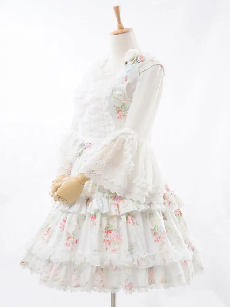 Lolita Dress Sleevelss White Elegant / Vintage Floral Print and Ruffles Lolita Jumper Skirt