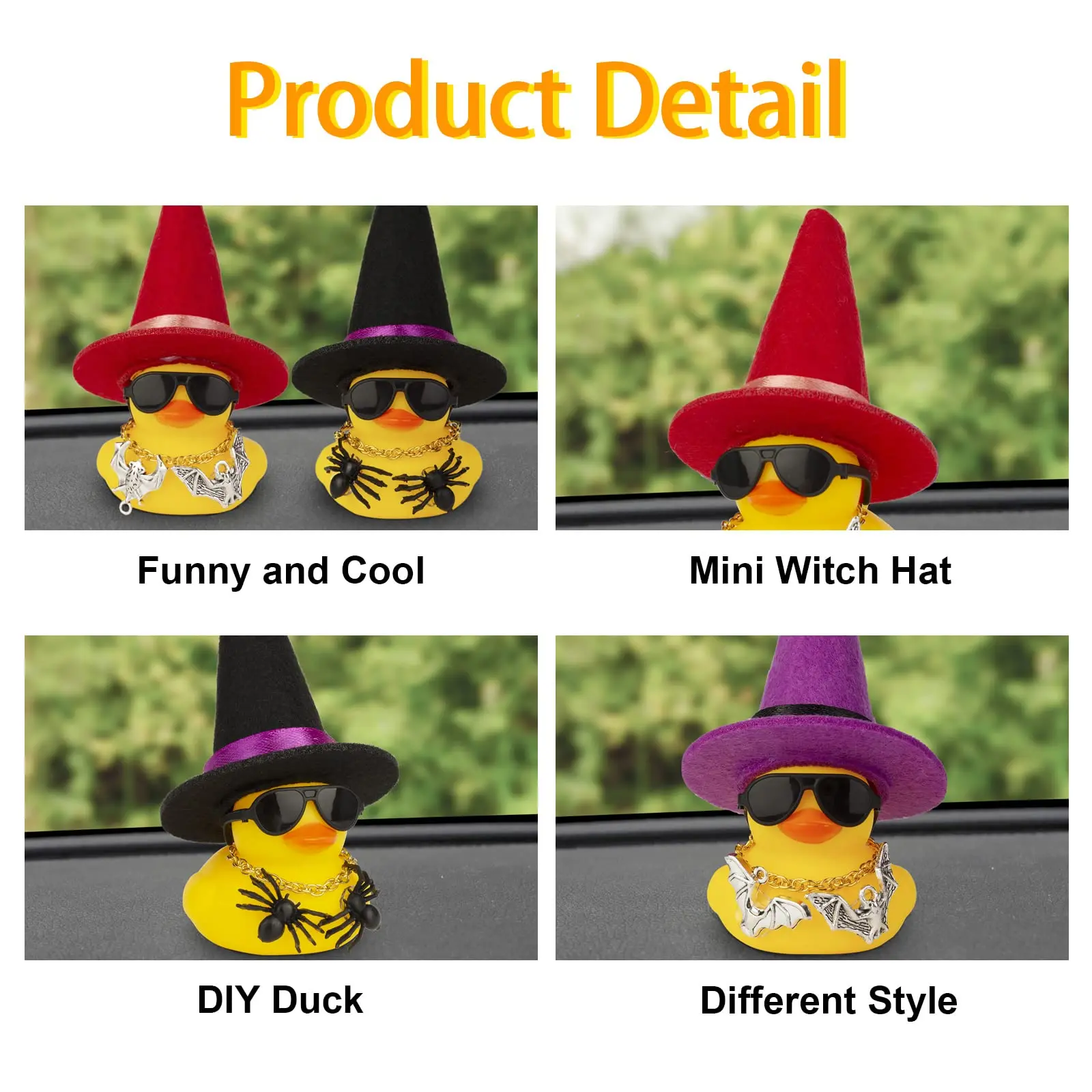 Car Rubber Duck Ornaments Halloween Duck Car Dashboard Decorations with Mini Witch Hat Sunglasses Necklace Halloween Accessories