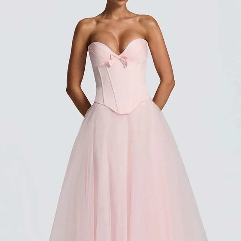 

Свадебные гости Тонкий элегантный костюм Модный наряд с открытыми плечами и высокой талией Леди Сексуальный топ без бретелек и сетчатая длинная юбка Комплект из 2 предметов