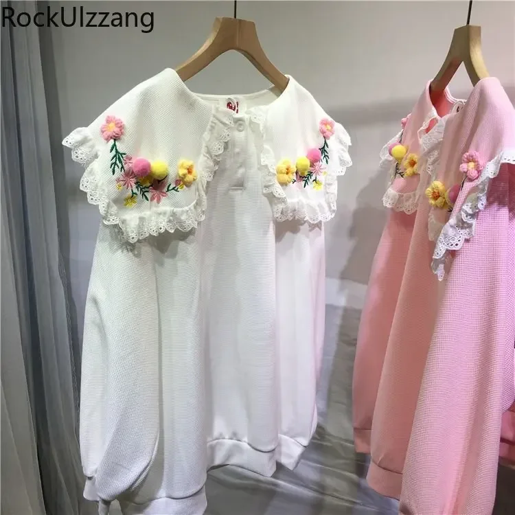 

L~4XL Oversized Cute Three-dimensional Flower Decoration Cute Frill Ruffle Peter Pan Loose Sweatshirt Thin Fall Pullover Hoodies